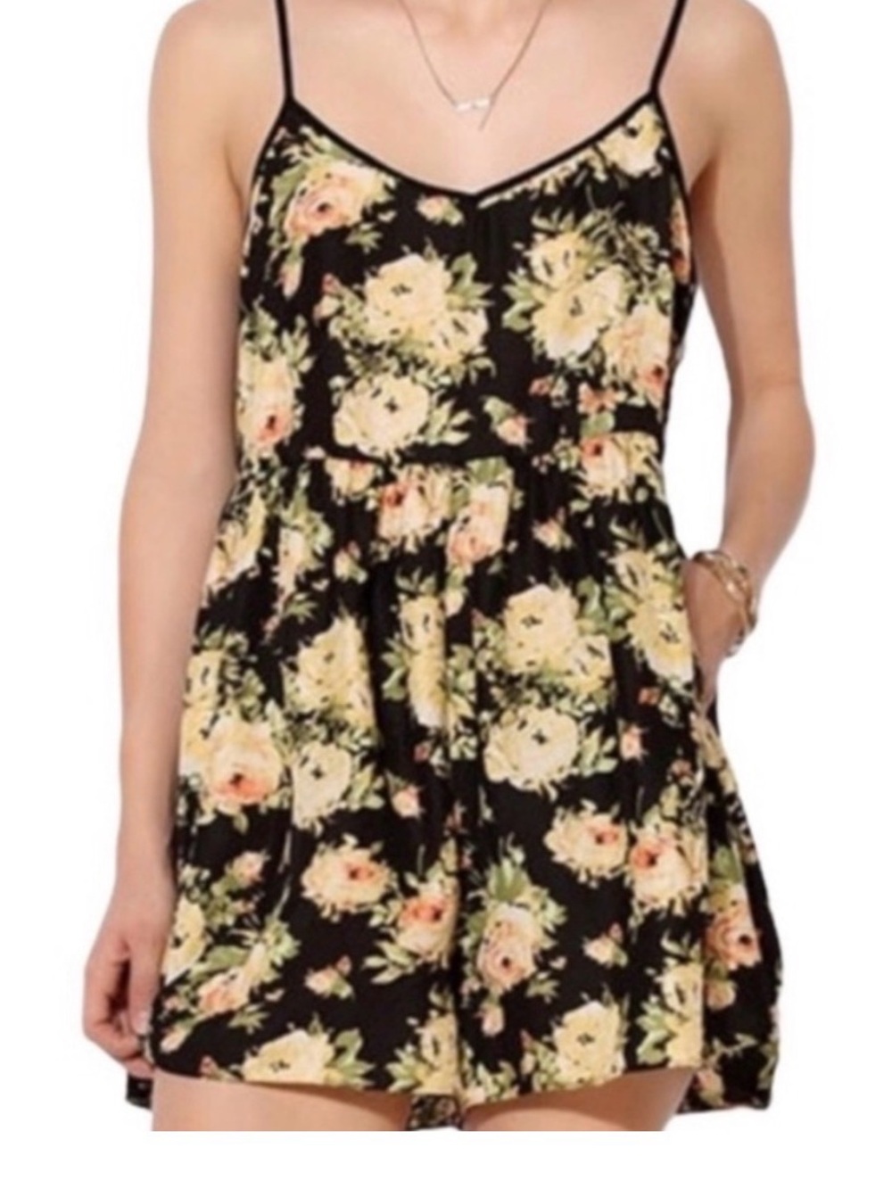 Urban Outfitters Black Floral romper with Yellow & Green Roses